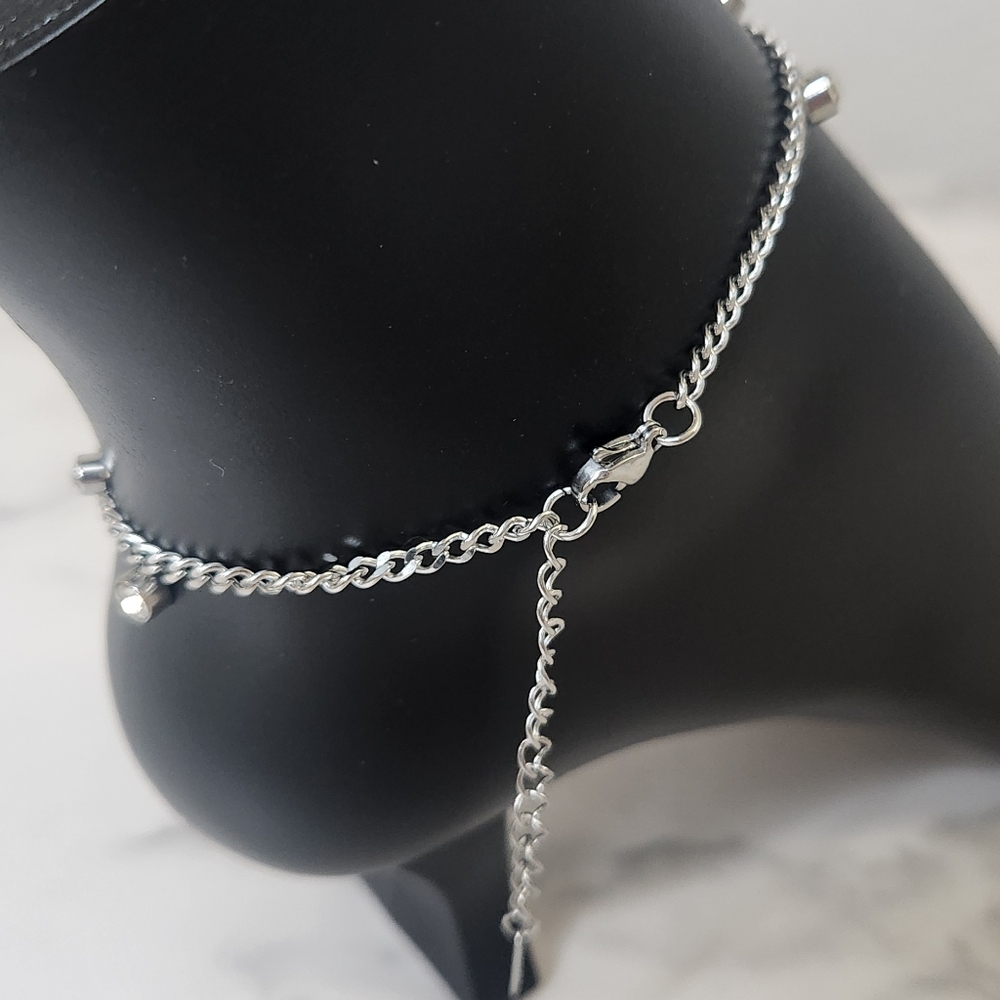 Boho Silver Diamond Dangle Anklet Bracelet - Picture 7 of 10